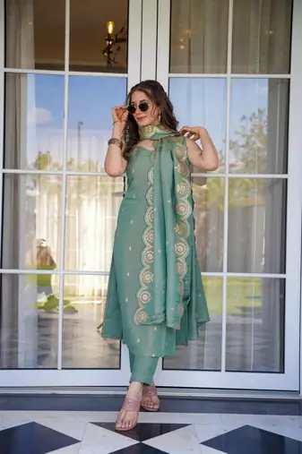 Green color embroidery viscosee chanderi stylish partywear readymade kurta set