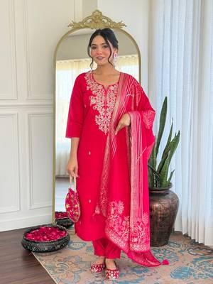Pink color embroidery with printed roman silk stylish partywear readymade kurta set 1