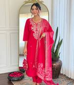 Pink color embroidery work with printed roman silk fabric stylish partywear readymade kurta set