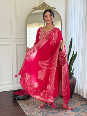 Pink color embroidery with printed roman silk stylish partywear readymade kurta set 3