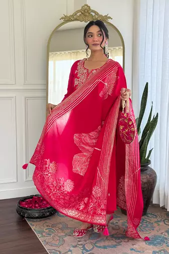 Pink color embroidery with printed roman silk stylish partywear readymade kurta set
