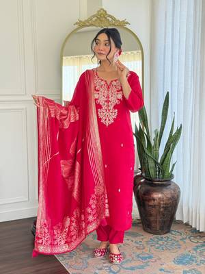 Pink color embroidery with printed roman silk stylish partywear readymade kurta set 4