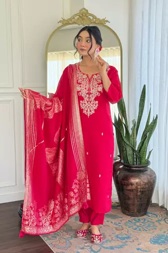 Pink color embroidery with printed roman silk stylish partywear readymade kurta set