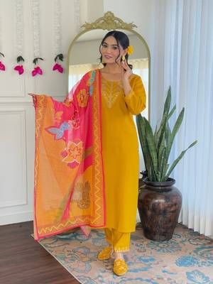 Mustard color embroidery chanderi silk stylish partywear readymade kurta set 1