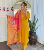 Mustard color embroidery work chanderi silk fabric stylish partywear readymade kurta set