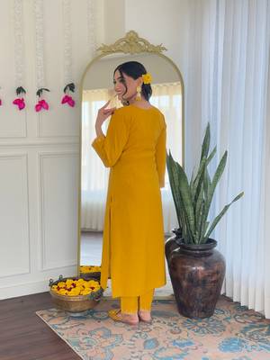 Mustard color embroidery chanderi silk stylish partywear readymade kurta set 2