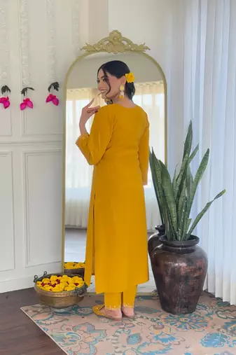 Mustard color embroidery chanderi silk stylish partywear readymade kurta set