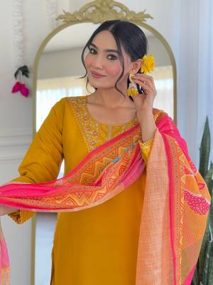 Mustard color embroidery chanderi silk stylish partywear readymade kurta set 3
