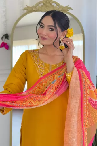 Mustard color embroidery chanderi silk stylish partywear readymade kurta set