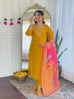 Mustard color embroidery chanderi silk stylish partywear readymade kurta set 4