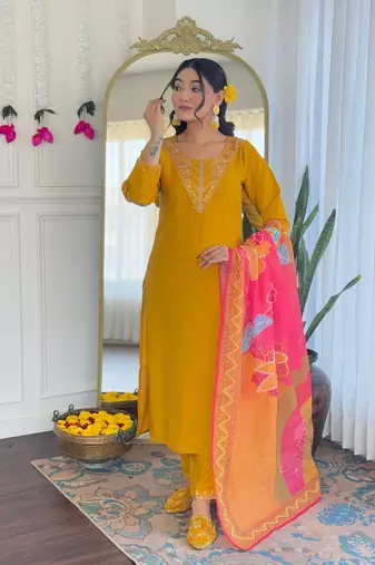 Mustard color embroidery chanderi silk stylish partywear readymade kurta set