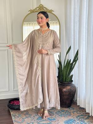 Chiku color vichitra silk embroidery readymade partywear kurta set 1