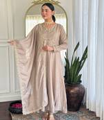 Chiku color vichitra silk fabric embroidery work readymade partywear kurta set