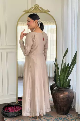 Chiku color vichitra silk embroidery readymade partywear kurta set