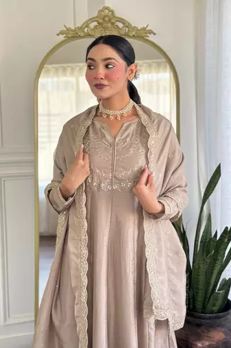 Chiku color vichitra silk embroidery readymade partywear kurta set