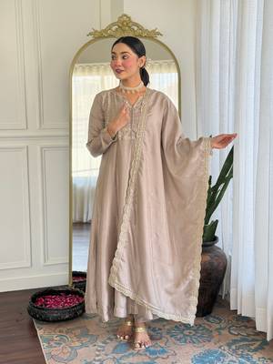 Chiku color vichitra silk embroidery readymade partywear kurta set 4