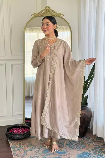 Chiku color vichitra silk embroidery readymade partywear kurta set