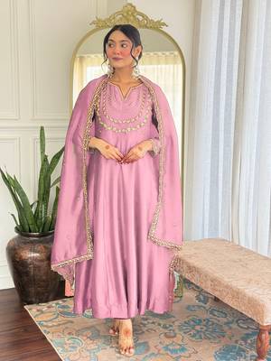 Pink color vichitra silk embroidery readymade partywear kurta set 1