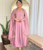 Pink color vichitra silk fabric embroidery work readymade partywear kurta set