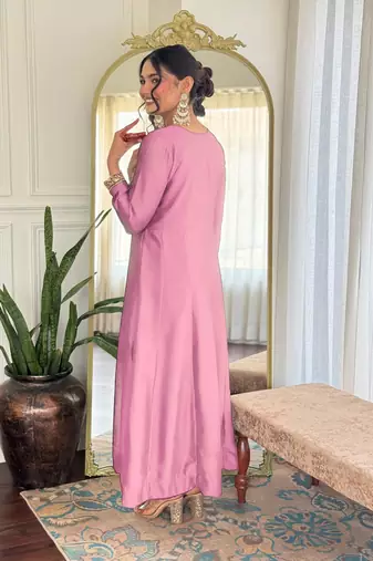 Pink color vichitra silk embroidery readymade partywear kurta set
