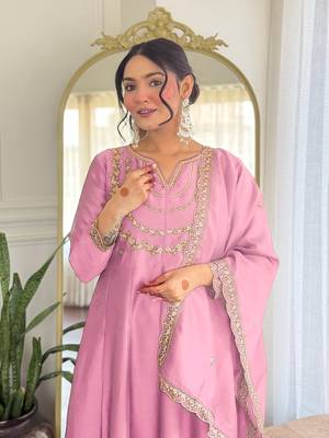Pink color vichitra silk embroidery readymade partywear kurta set 3