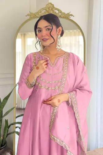 Pink color vichitra silk embroidery readymade partywear kurta set