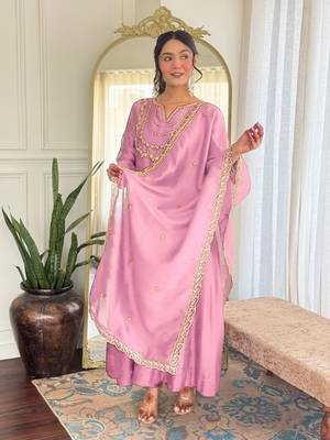 Pink color vichitra silk embroidery readymade partywear kurta set 4