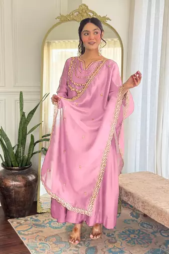 Pink color vichitra silk embroidery readymade partywear kurta set