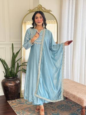 Sky blue color vichitra silk embroidery readymade partywear kurta set 1
