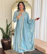 Sky blue color vichitra silk fabric embroidery work readymade partywear kurta set