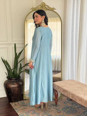 Sky blue color vichitra silk embroidery readymade partywear kurta set 2