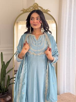 Sky blue color vichitra silk embroidery readymade partywear kurta set 3