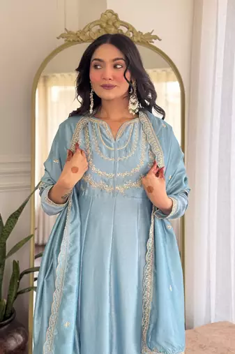 Sky blue color vichitra silk embroidery readymade partywear kurta set