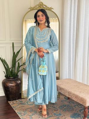 Sky blue color vichitra silk embroidery readymade partywear kurta set 4