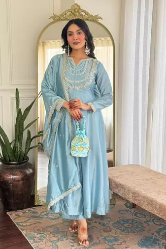 Sky blue color vichitra silk embroidery readymade partywear kurta set