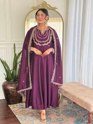 Wine color vichitra silk embroidery readymade partywear kurta set 1