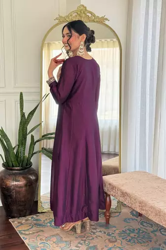 Wine color vichitra silk embroidery readymade partywear kurta set