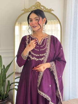 Wine color vichitra silk embroidery readymade partywear kurta set 3