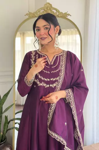Wine color vichitra silk embroidery readymade partywear kurta set