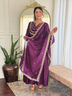 Wine color vichitra silk embroidery readymade partywear kurta set 4