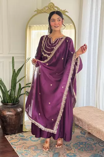 Wine color vichitra silk embroidery readymade partywear kurta set