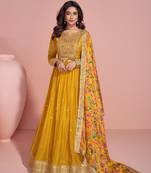 Yellow color designer embroidery work,printed chinon fabric heavy embroidered anarkali suit