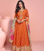 Orange color designer embroidery work,printed chinon fabric heavy embroidered anarkali suit