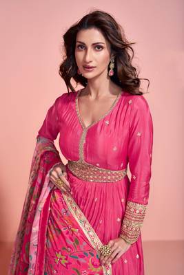 Pink color embroidery work,printed chinon fabric heavy embroidered anarkali suit 2