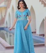 Sky blue color beautiful gold crush fabric bollywood style glamorous ceremonial gown