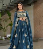 Blue color stylish chinon fabric beautiful embroidery work partywear gown with dupatta