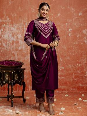 Purple color viscose rayon   fabric readymade kurta set with designer embroidery work 1