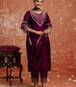 Purple color viscose rayon   fabric readymade kurta set with designer embroidery work