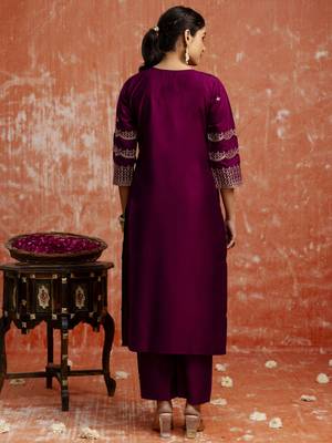 Purple color viscose rayon   fabric readymade kurta set with designer embroidery work 2
