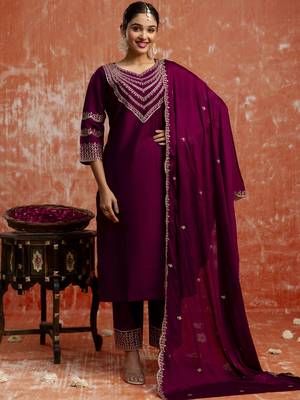 Purple color viscose rayon   fabric readymade kurta set with designer embroidery work 4